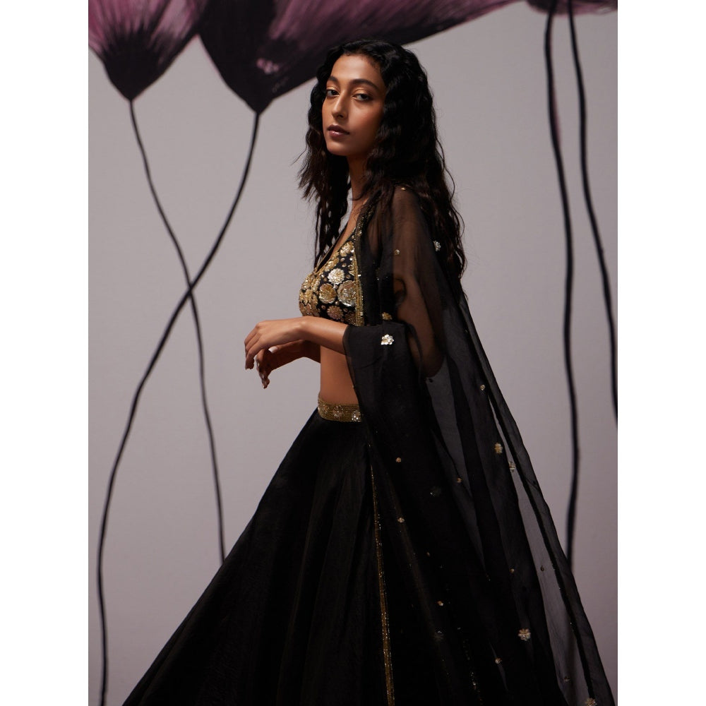Zoon Black Embellished-Sequined Lehenga with Blouse and Dupatta (Set of 3)