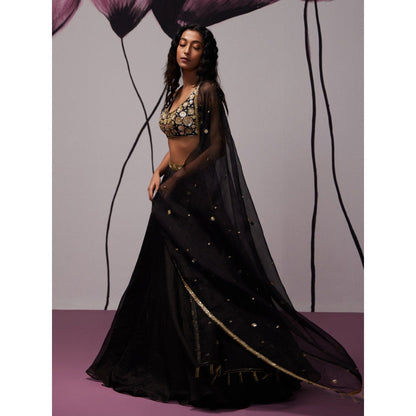 Zoon Black Embellished-Sequined Lehenga with Blouse and Dupatta (Set of 3)