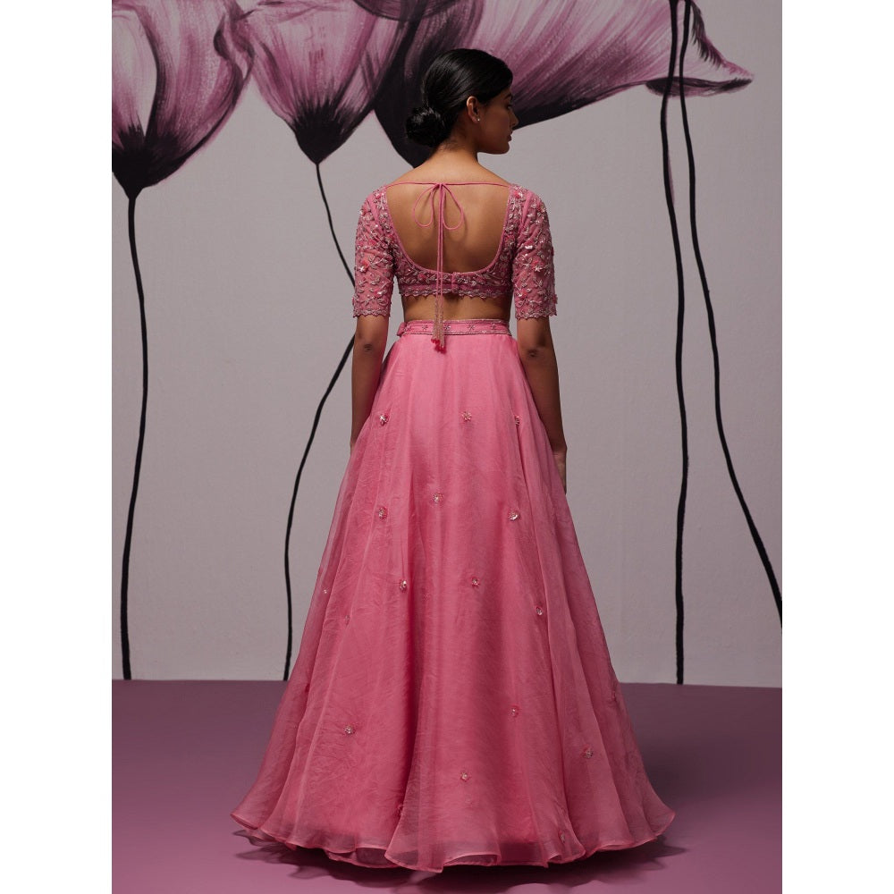 Zoon Pink Embroidered-Sequined Lehenga with Blouse and Dupatta (Set of 3)
