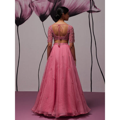 Zoon Pink Embroidered-Sequined Lehenga with Blouse and Dupatta (Set of 3)