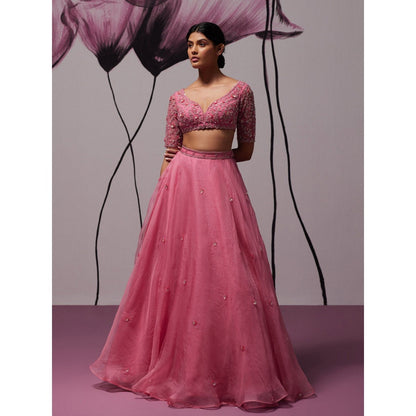 Zoon Pink Embroidered-Sequined Lehenga with Blouse and Dupatta (Set of 3)