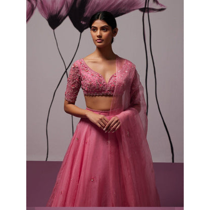 Zoon Pink Embroidered-Sequined Lehenga with Blouse and Dupatta (Set of 3)