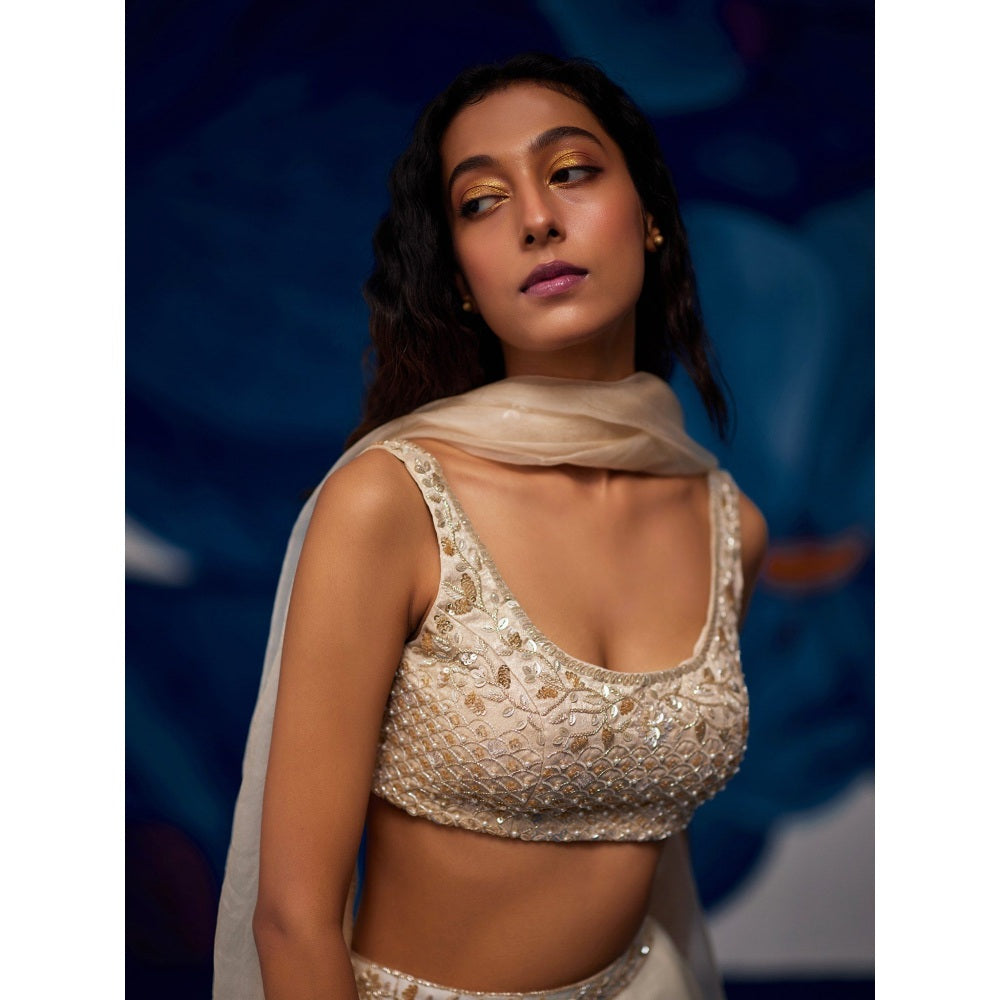 Zoon Off-White Embroidered-Sequined Lehenga with Blouse and Dupatta (Set of 3)