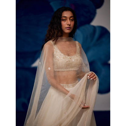 Zoon Off-White Embroidered-Sequined Lehenga with Blouse and Dupatta (Set of 3)