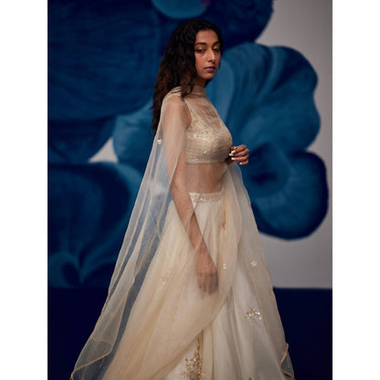 Zoon Off-White Embroidered-Sequined Lehenga with Blouse and Dupatta (Set of 3)