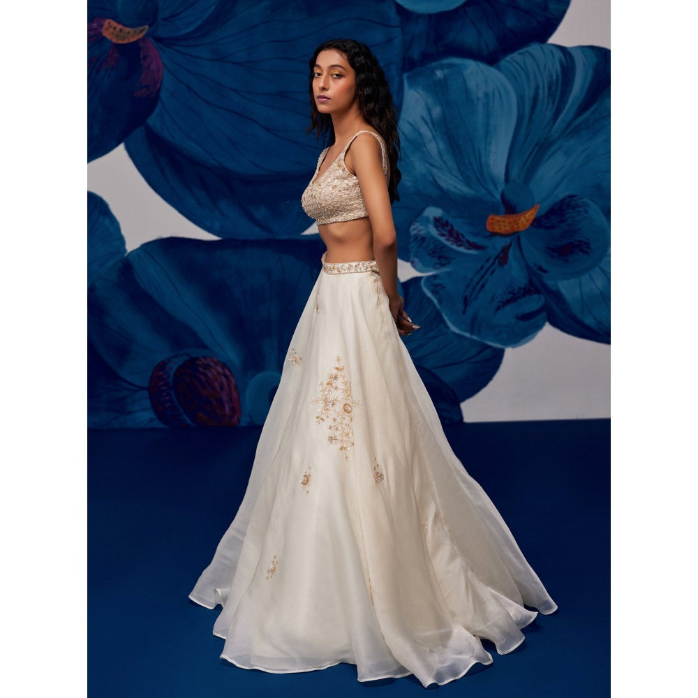 Zoon Off-White Embroidered-Sequined Lehenga with Blouse and Dupatta (Set of 3)