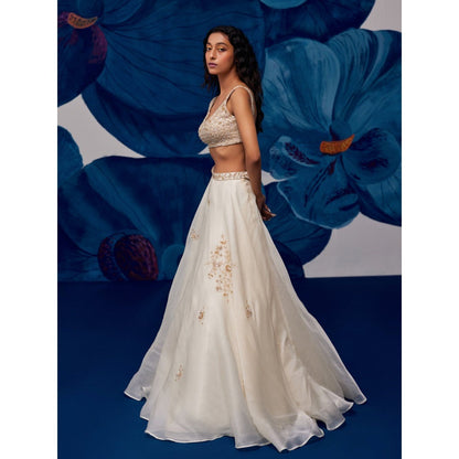 Zoon Off-White Embroidered-Sequined Lehenga with Blouse and Dupatta (Set of 3)