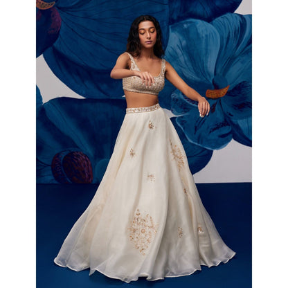 Zoon Off-White Embroidered-Sequined Lehenga with Blouse and Dupatta (Set of 3)