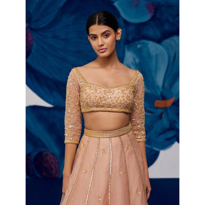 Zoon Rose Gold Embroidered-Sequined Kalidar Lehenga with Blouse and Dupatta (Set of 3)