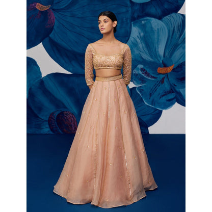 Zoon Rose Gold Embroidered-Sequined Kalidar Lehenga with Blouse and Dupatta (Set of 3)