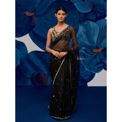 Zoon A Black Saree with A Matching intricate Aari Hand Embroidery Stitched Blouse