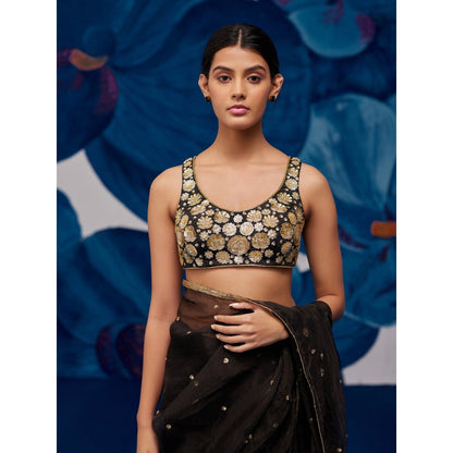 Zoon A Black Saree with A Matching intricate Aari Hand Embroidery Stitched Blouse