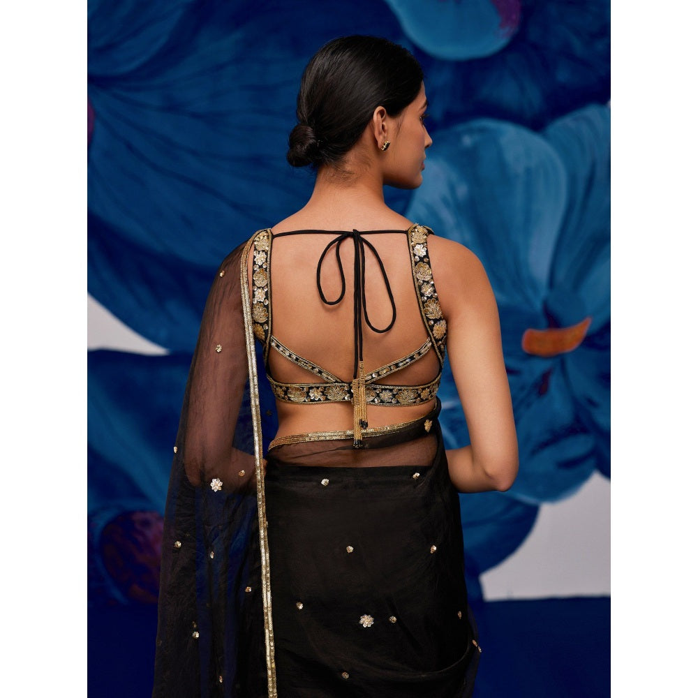 Zoon A Black Saree with A Matching intricate Aari Hand Embroidery Stitched Blouse