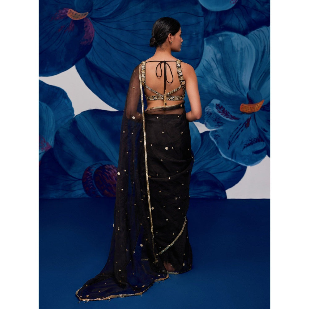 Zoon A Black Saree with A Matching intricate Aari Hand Embroidery Stitched Blouse
