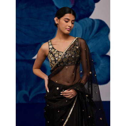 Zoon A Black Saree with A Matching intricate Aari Hand Embroidery Stitched Blouse