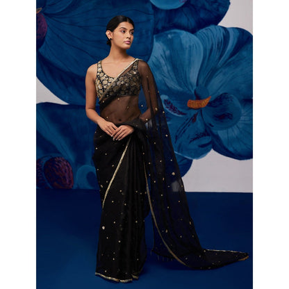 Zoon A Black Saree with A Matching intricate Aari Hand Embroidery Stitched Blouse