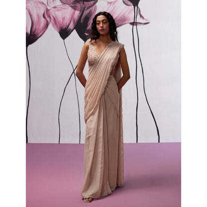 Zoon Dusky Pink Embroidered-Sequined Pre-Draped Saree with Stitched Blouse