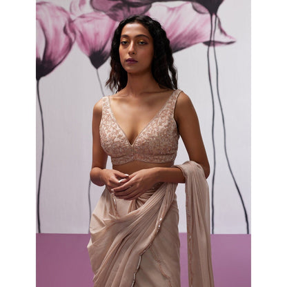 Zoon Dusky Pink Embroidered-Sequined Pre-Draped Saree with Stitched Blouse