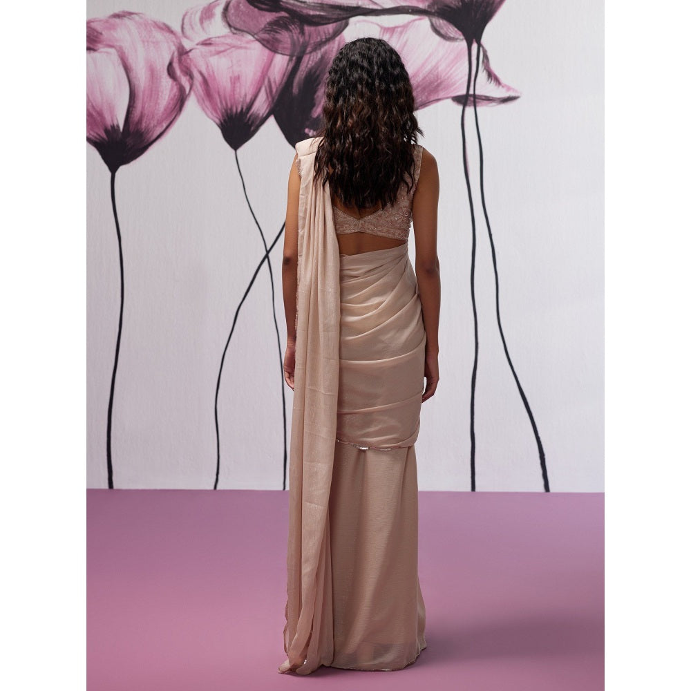 Zoon Dusky Pink Embroidered-Sequined Pre-Draped Saree with Stitched Blouse