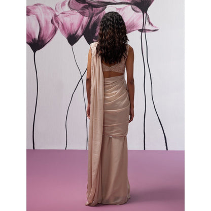 Zoon Dusky Pink Embroidered-Sequined Pre-Draped Saree with Stitched Blouse