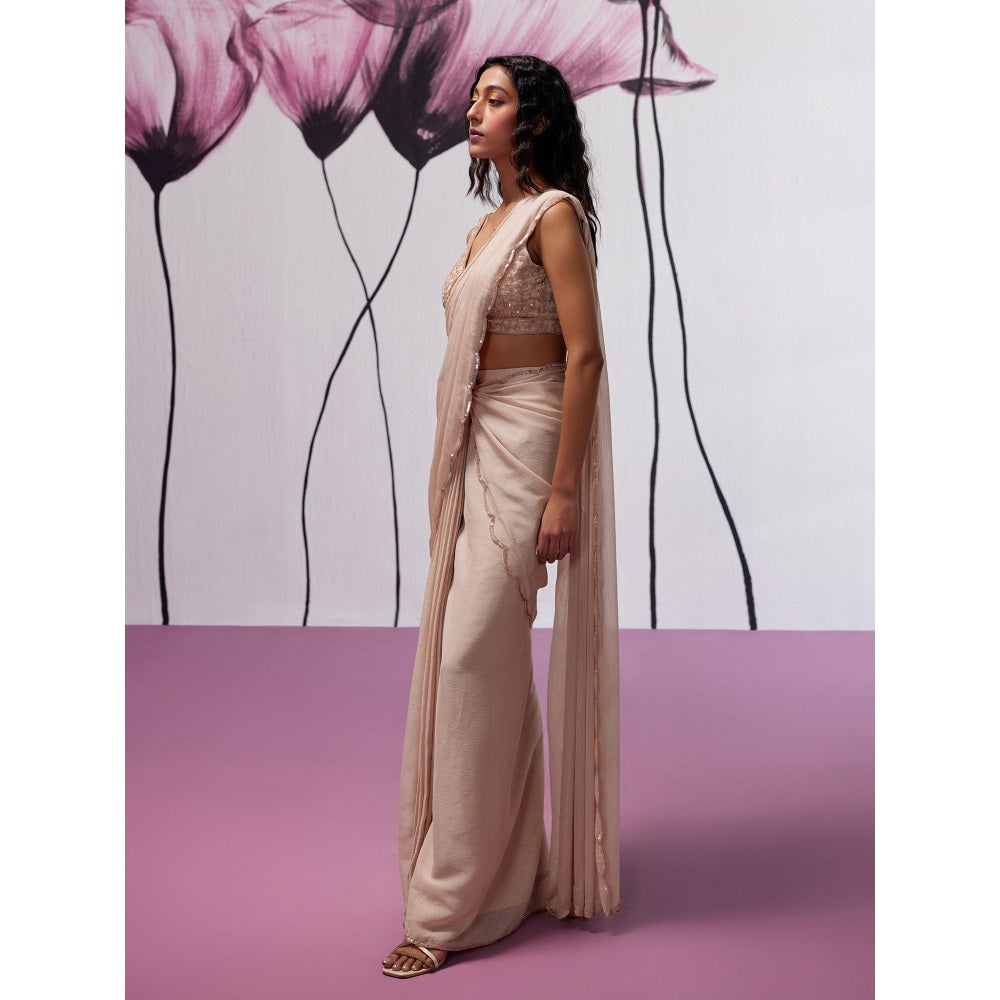Zoon Dusky Pink Embroidered-Sequined Pre-Draped Saree with Stitched Blouse