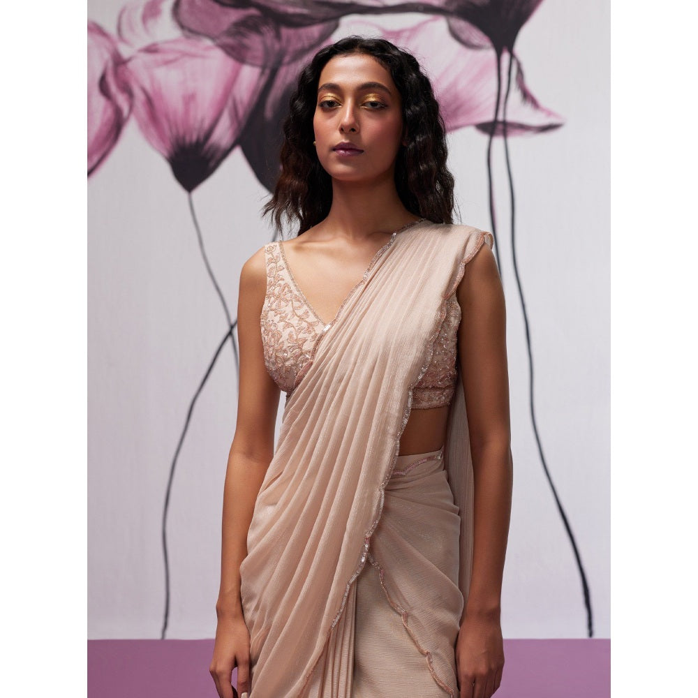 Zoon Dusky Pink Embroidered-Sequined Pre-Draped Saree with Stitched Blouse