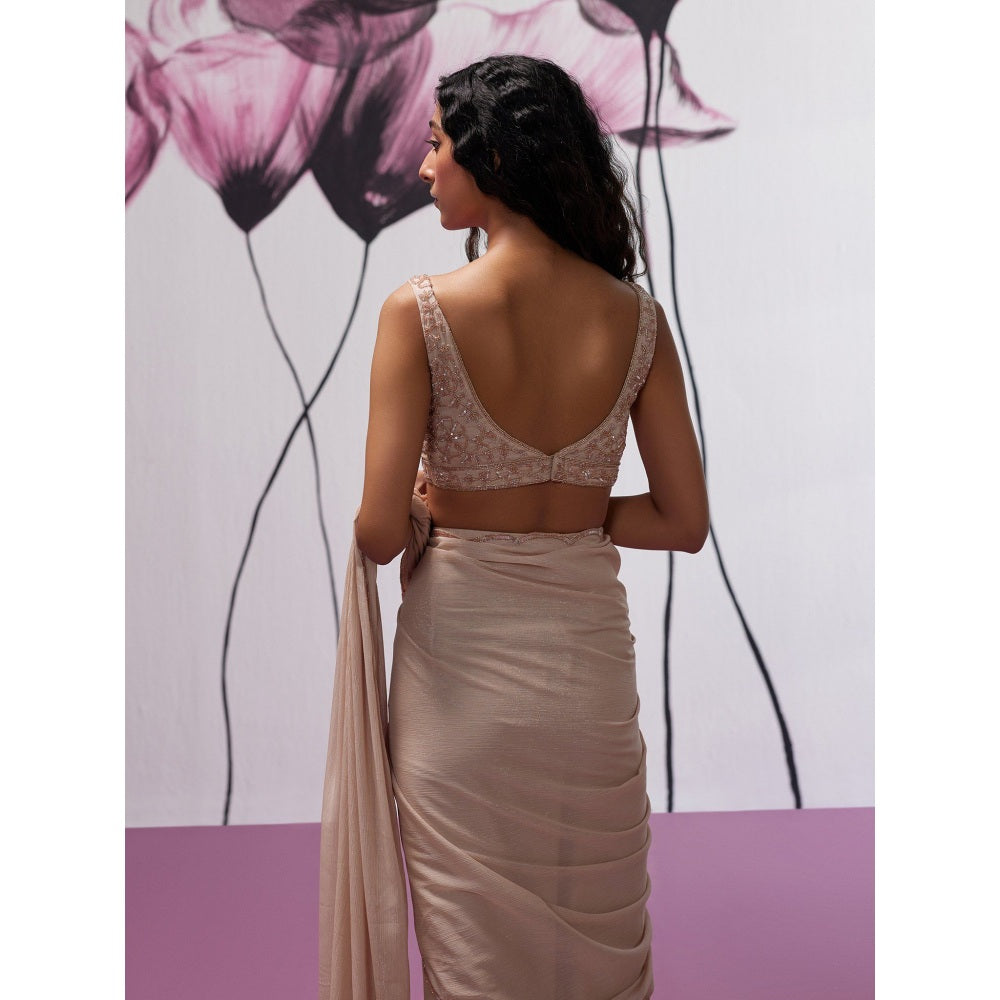 Zoon Dusky Pink Embroidered-Sequined Pre-Draped Saree with Stitched Blouse