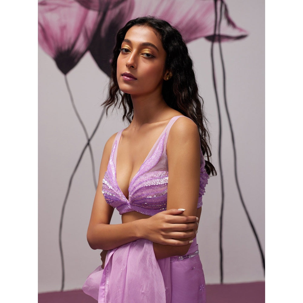 Zoon Lavender Embellished-Sequined Pre-Draped Saree with Stitched Blouse
