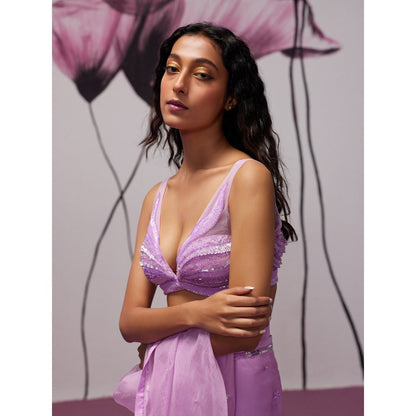 Zoon Lavender Embellished-Sequined Pre-Draped Saree with Stitched Blouse