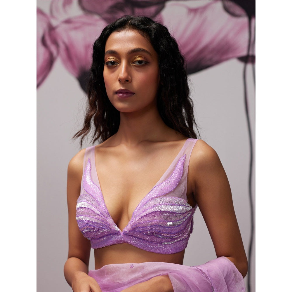 Zoon Lavender Embellished-Sequined Pre-Draped Saree with Stitched Blouse