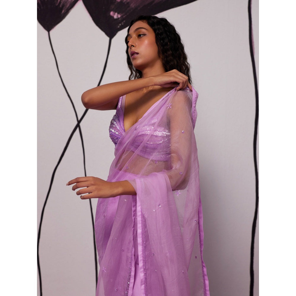 Zoon Lavender Embellished-Sequined Pre-Draped Saree with Stitched Blouse