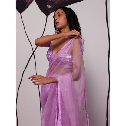 Zoon Lavender Embellished-Sequined Pre-Draped Saree with Stitched Blouse
