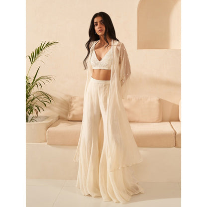 Zoon Ivory Jacket Paired with Embroidered Blouse and Sharara (Set of 3)