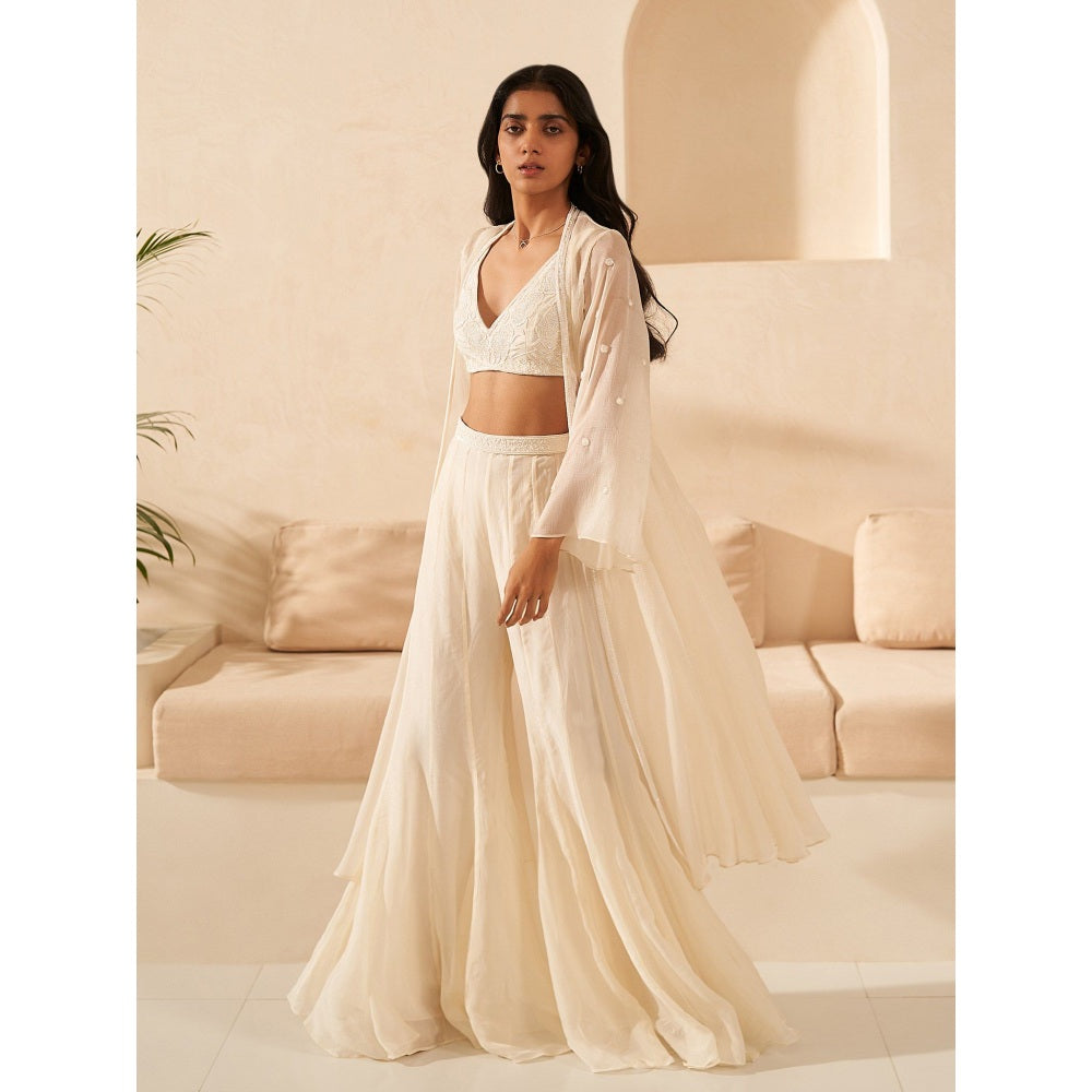 Zoon Ivory Jacket Paired with Embroidered Blouse and Sharara (Set of 3)