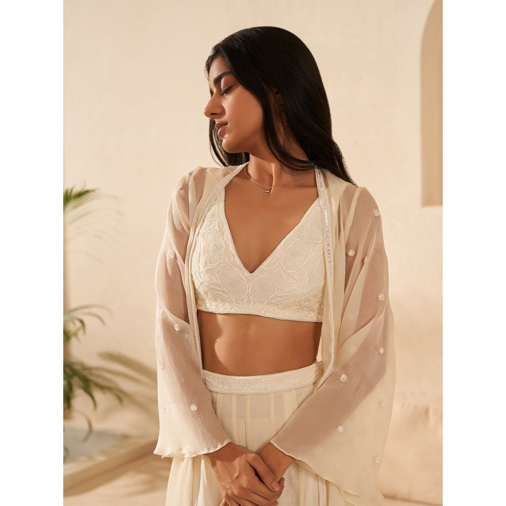 Zoon Ivory Jacket Paired with Embroidered Blouse and Sharara (Set of 3)