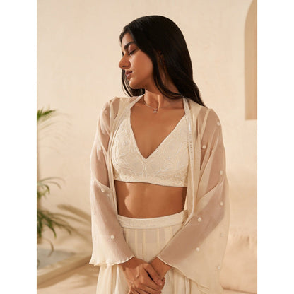 Zoon Ivory Jacket Paired with Embroidered Blouse and Sharara (Set of 3)