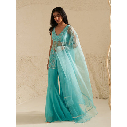 Zoon Aqua Blue Hand Embroidery Kurti with Sharara and Dupatta (Set of 3)