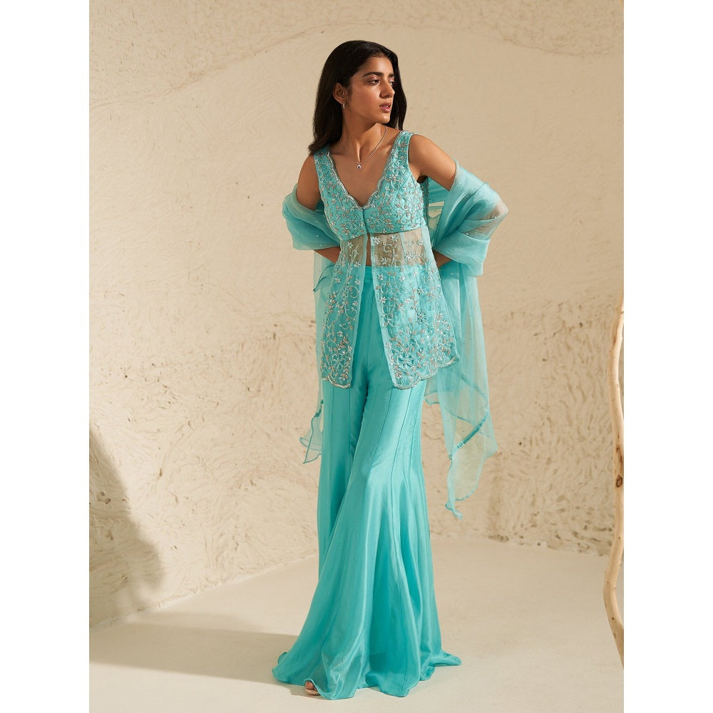 Zoon Aqua Blue Hand Embroidery Kurti with Sharara and Dupatta (Set of 3)