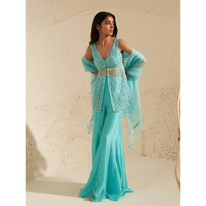 Zoon Aqua Blue Hand Embroidery Kurti with Sharara and Dupatta (Set of 3)