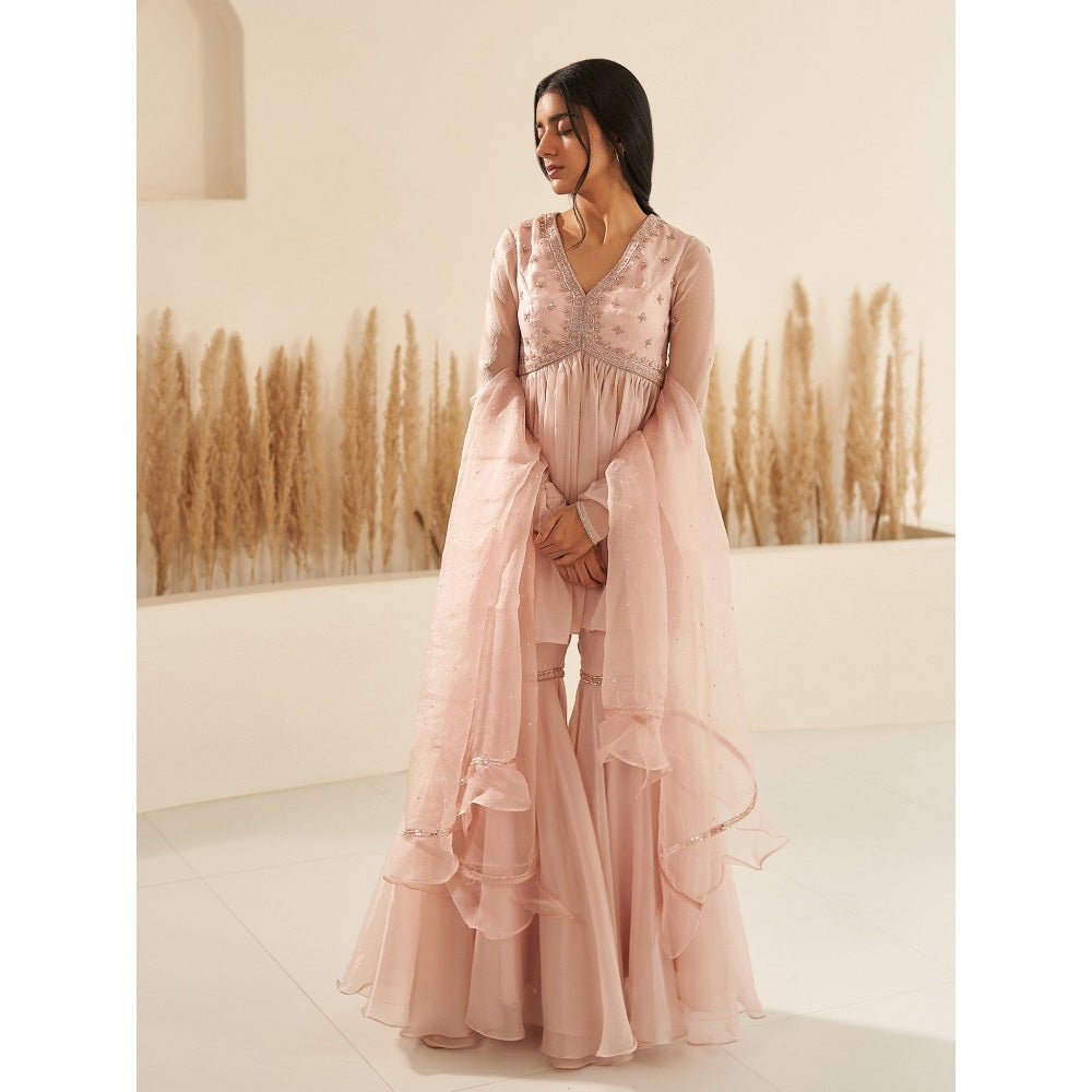 Zoon Nude Color Hand Embroidery Kurti with Sharara and Dupatta (Set of 3)