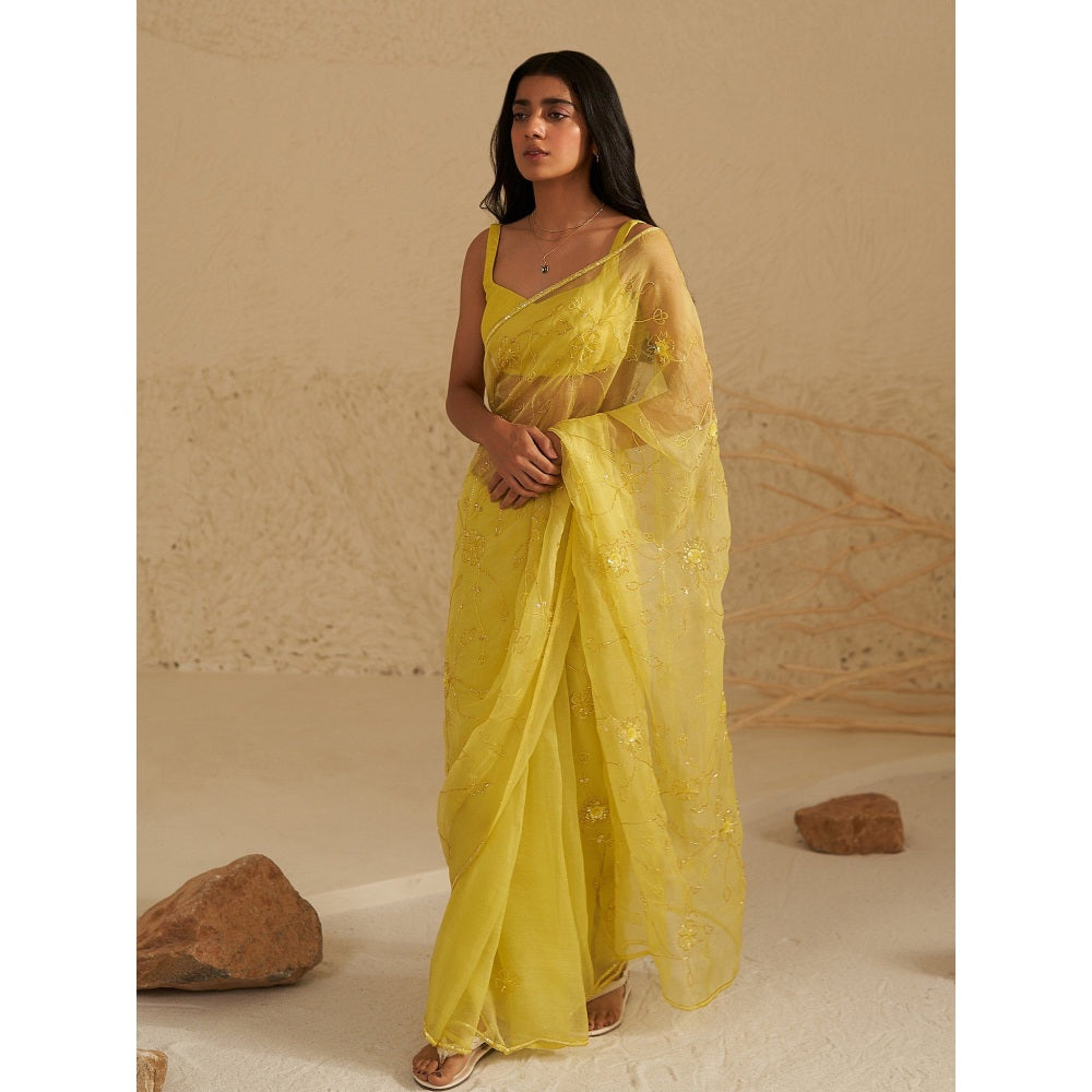 Zoon A Neon Yellow Embroidered Saree with Stitched Blouse
