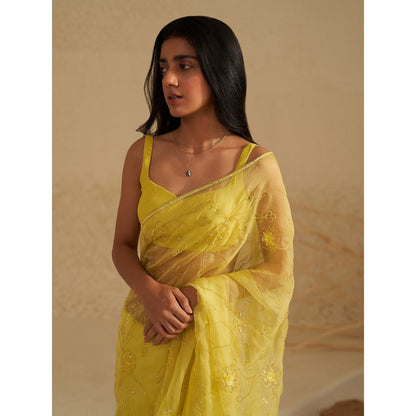 Zoon A Neon Yellow Embroidered Saree with Stitched Blouse