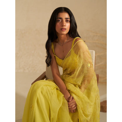 Zoon A Neon Yellow Embroidered Saree with Stitched Blouse