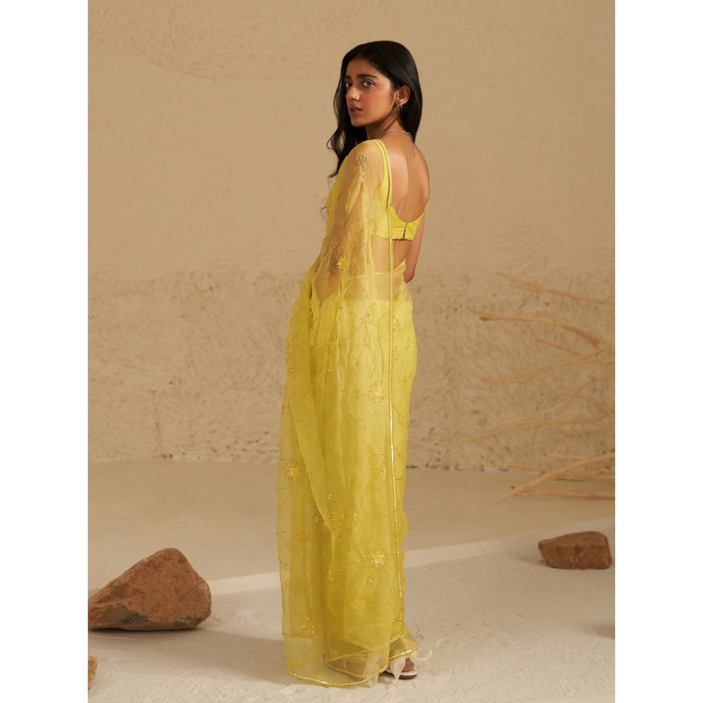Zoon A Neon Yellow Embroidered Saree with Stitched Blouse