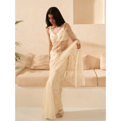 Zoon Off White Embroidered-Sequined Saree with Stitched Blouse