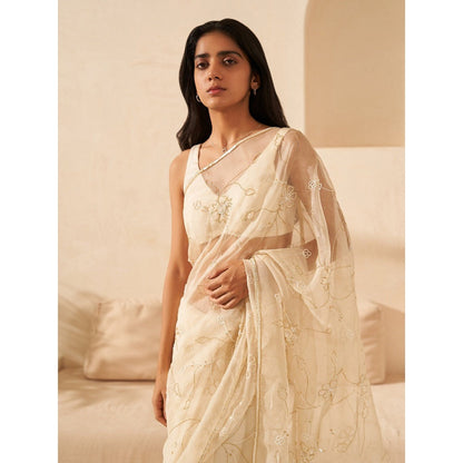 Zoon Off White Embroidered-Sequined Saree with Stitched Blouse
