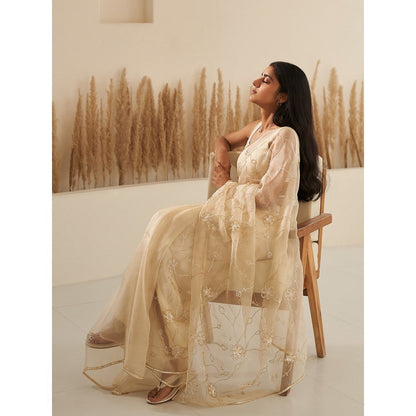 Zoon Off White Embroidered-Sequined Saree with Stitched Blouse