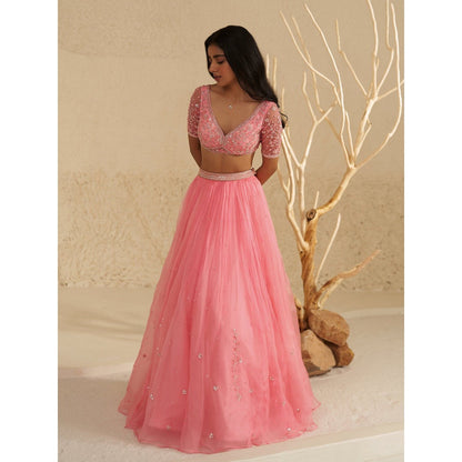 Zoon Blush Pink Embroidered-Sequined Lehenga with Blouse and Dupatta (Set of 3)