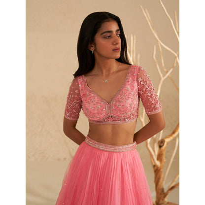 Zoon Blush Pink Embroidered-Sequined Lehenga with Blouse and Dupatta (Set of 3)