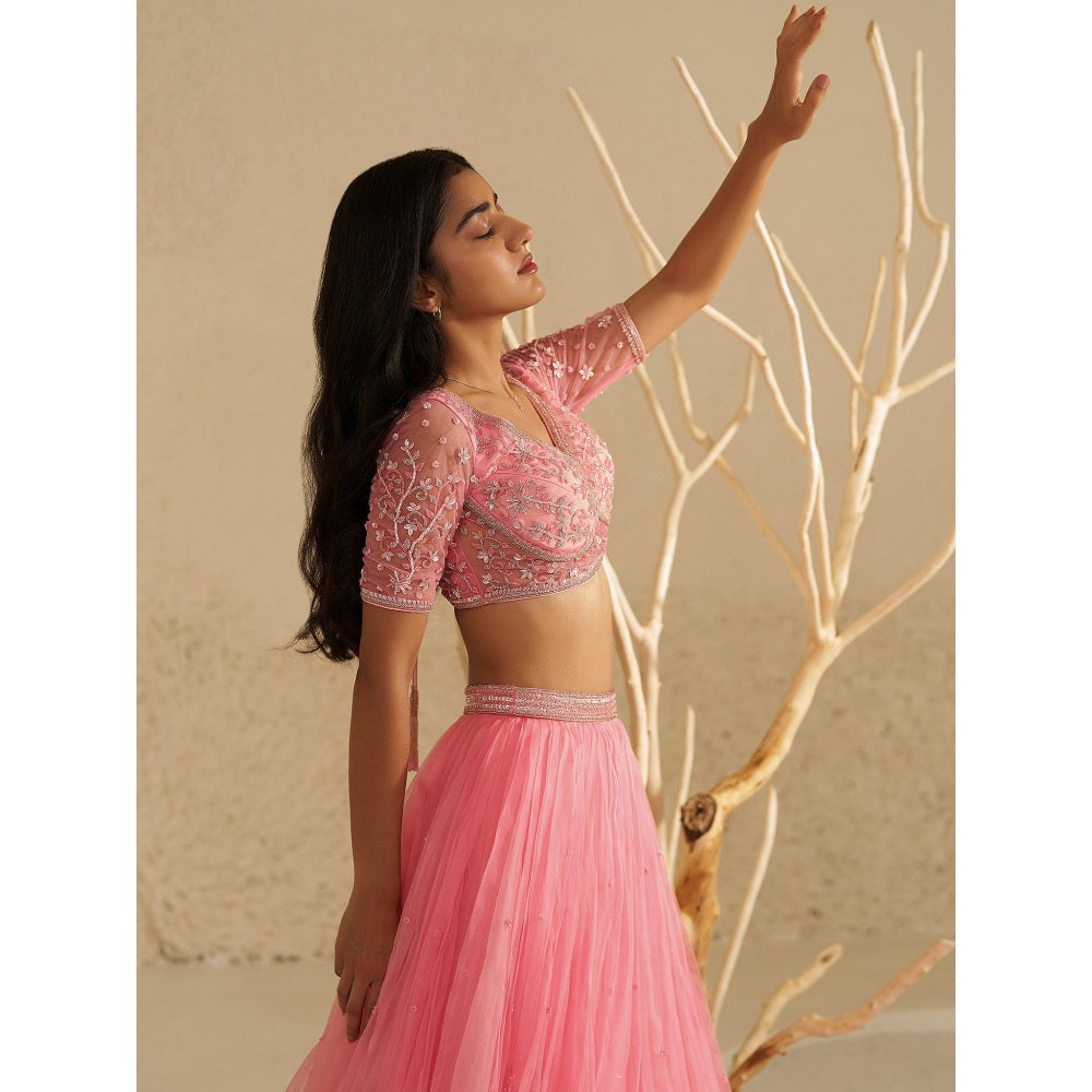 Zoon Blush Pink Embroidered-Sequined Lehenga with Blouse and Dupatta (Set of 3)
